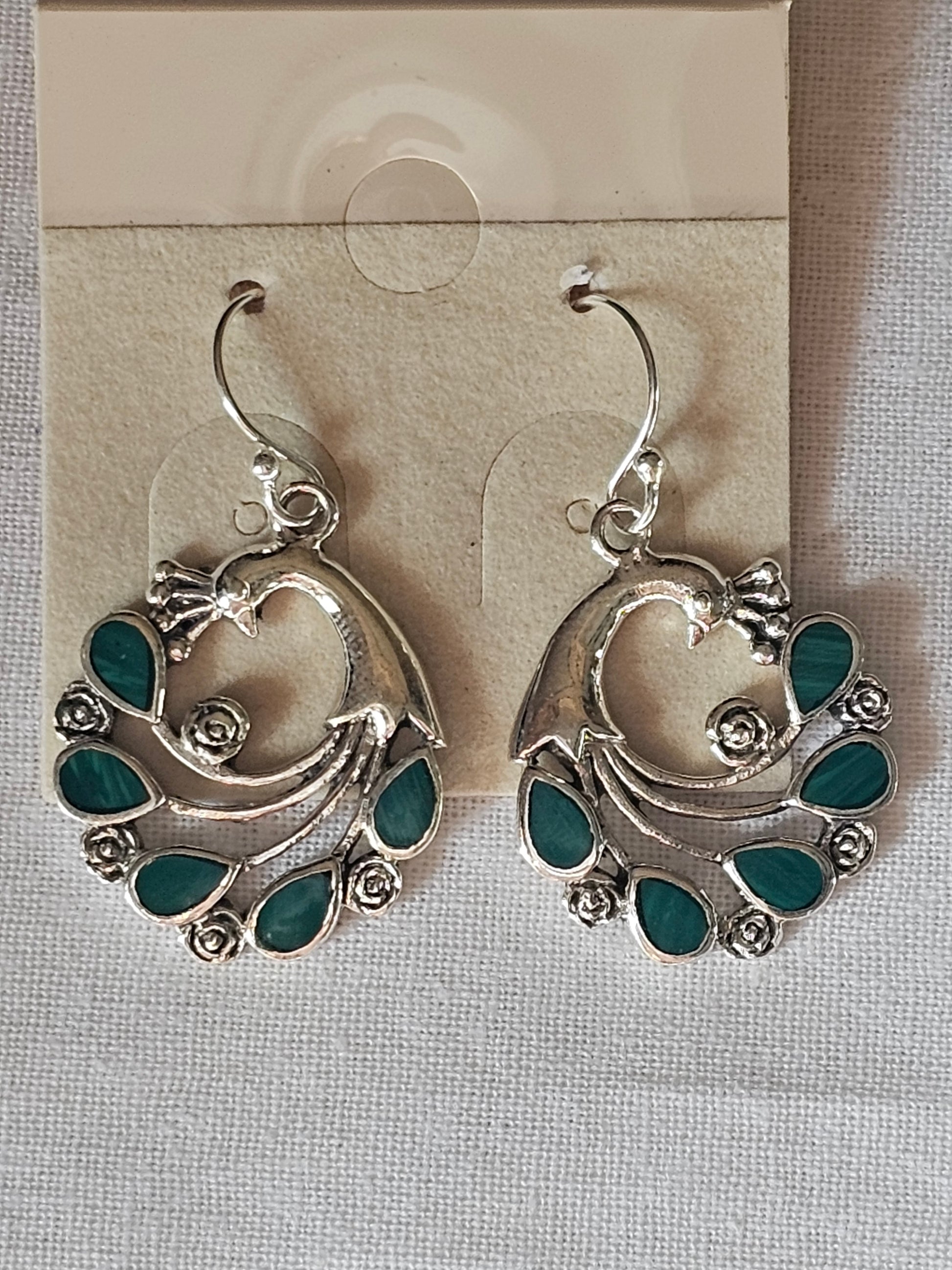 Sterling Silver Chrysoprase Peacock Dangle Earrings - Natural Gemstone