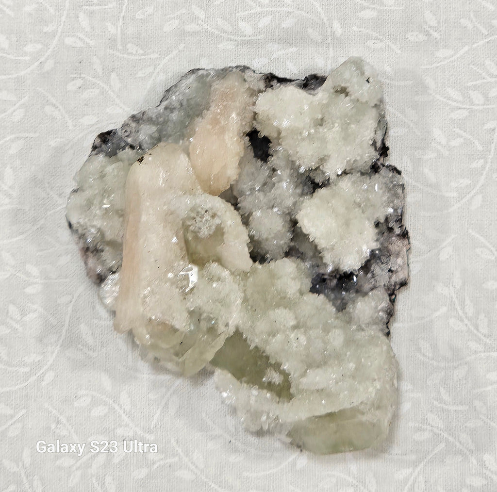Apophyllite with Stillbite and Clear Quartz Raw Crystal Cluster