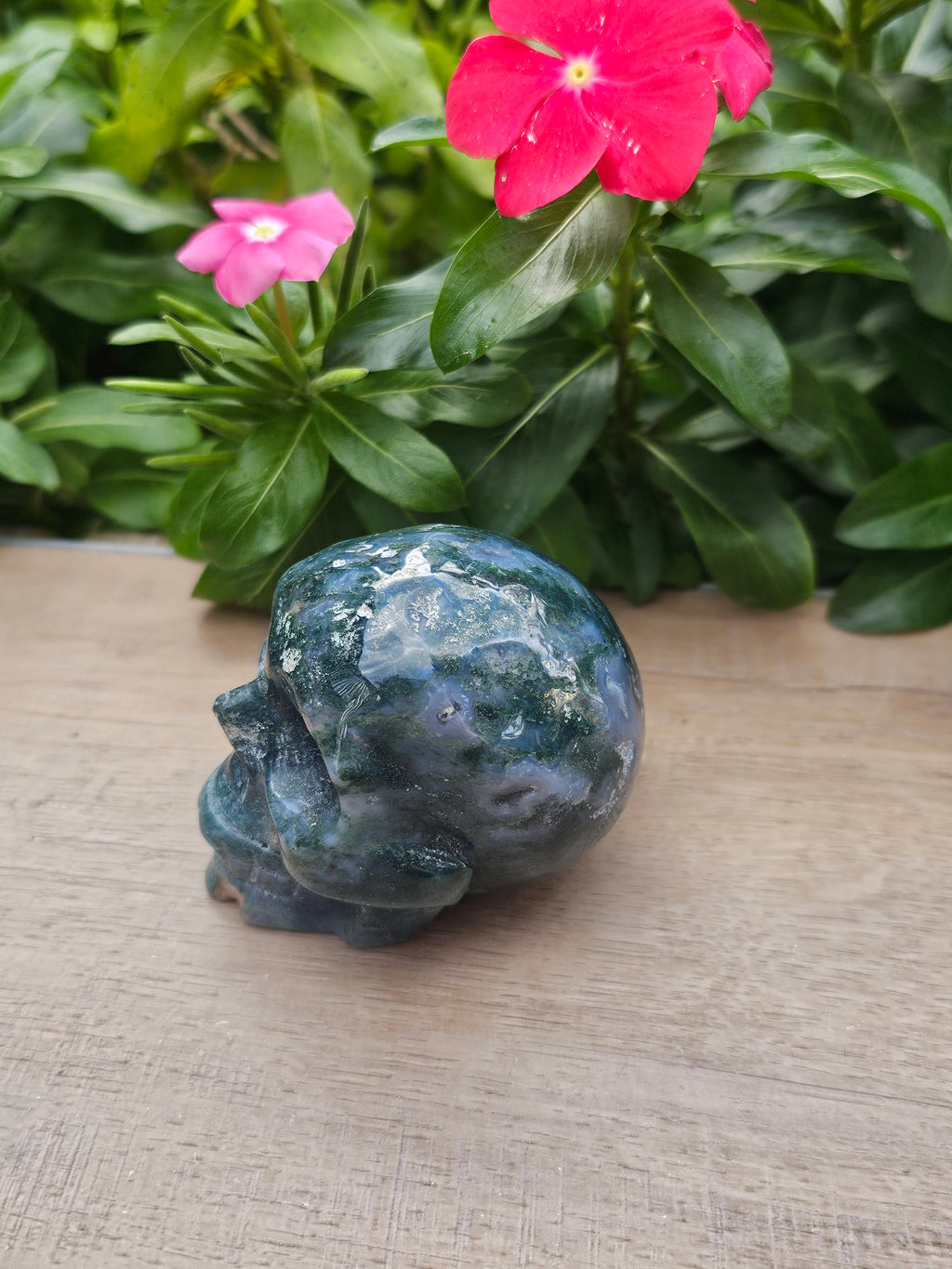 Moss Agate Skull Carving - 2.4" Hand-Carved Crystal Figurine