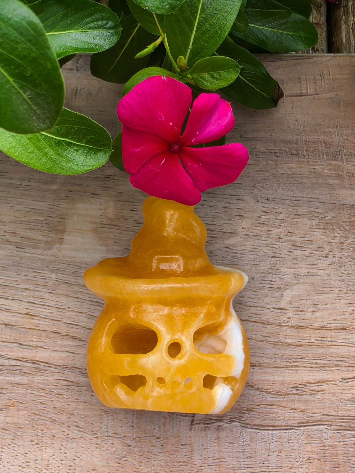Orange Calcite Crystal Jack O Latern Pumpkin  with Witch Hat