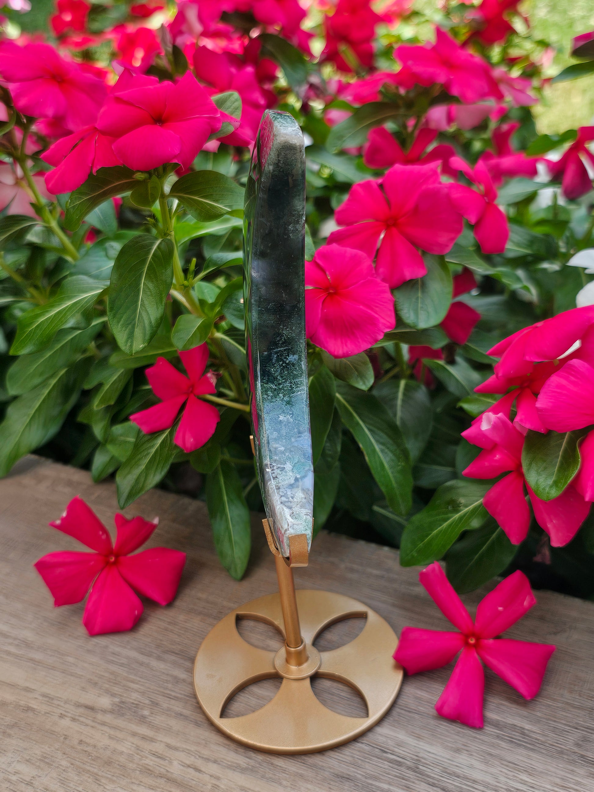 Moss Agate Crystal Crescent Moon With Stand