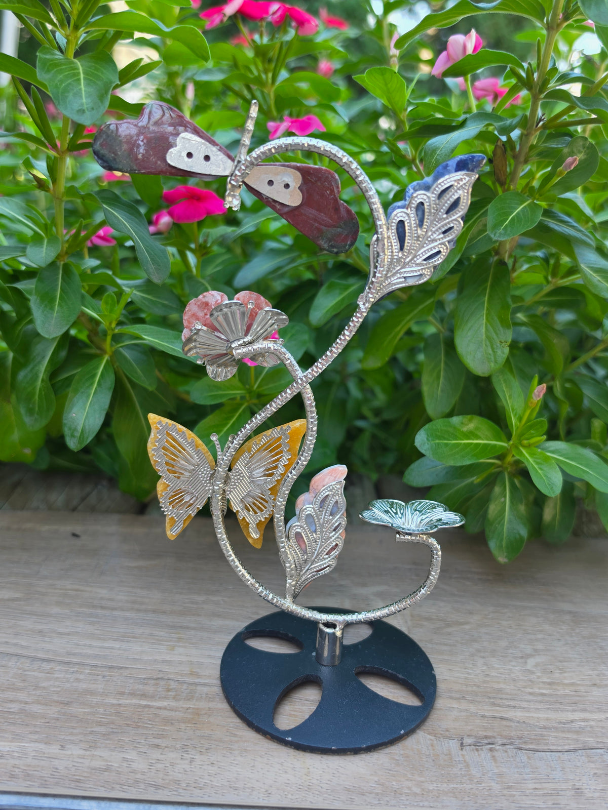 Crystal Sphere Holder Stand with Unakite Dragonfly,  Yellow Calcite Butterfly, Fire Quartz Rose & Flower Agate Leaf
