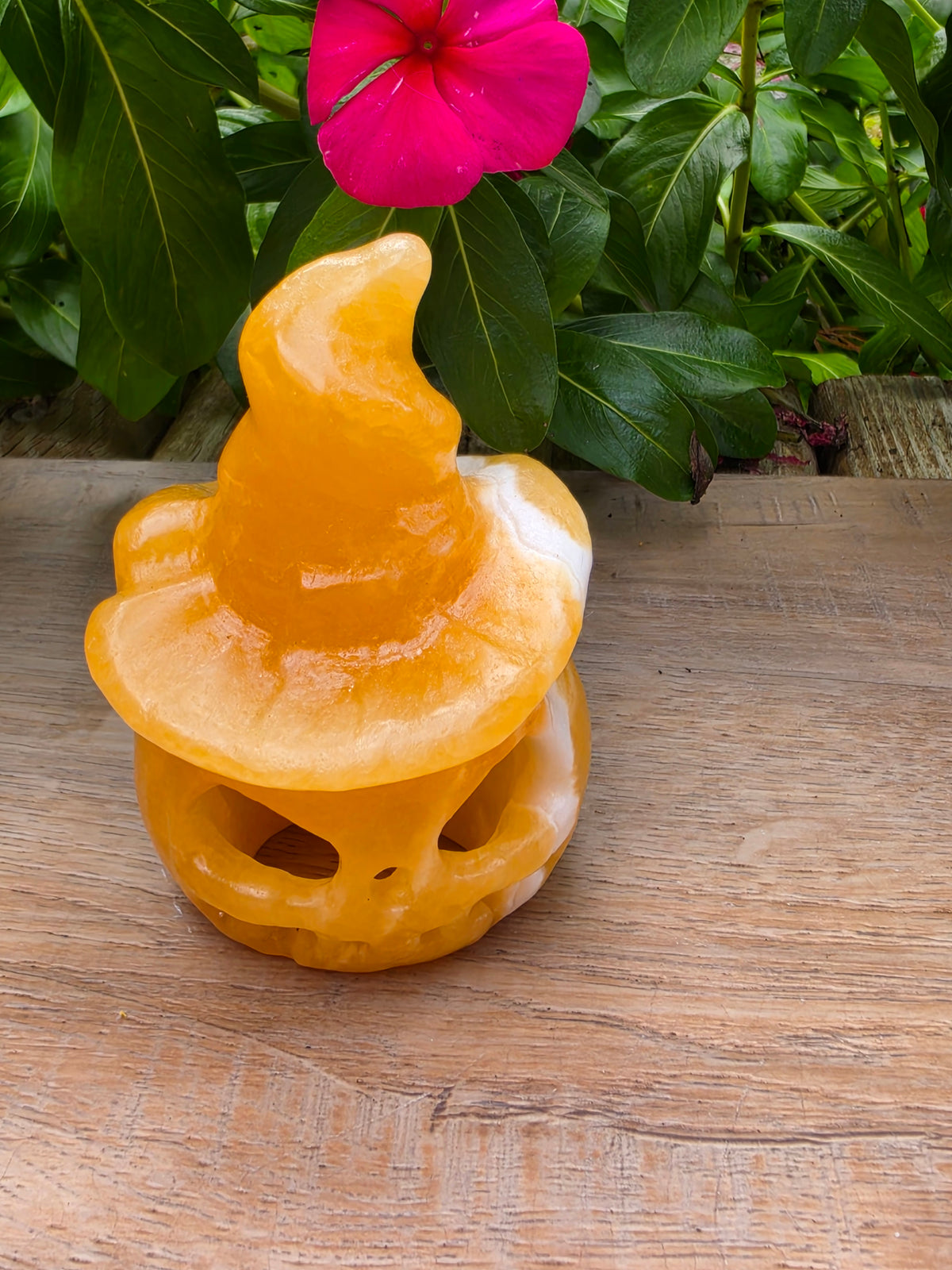 Orange Calcite Crystal Jack O Latern Pumpkin  with Witch Hat