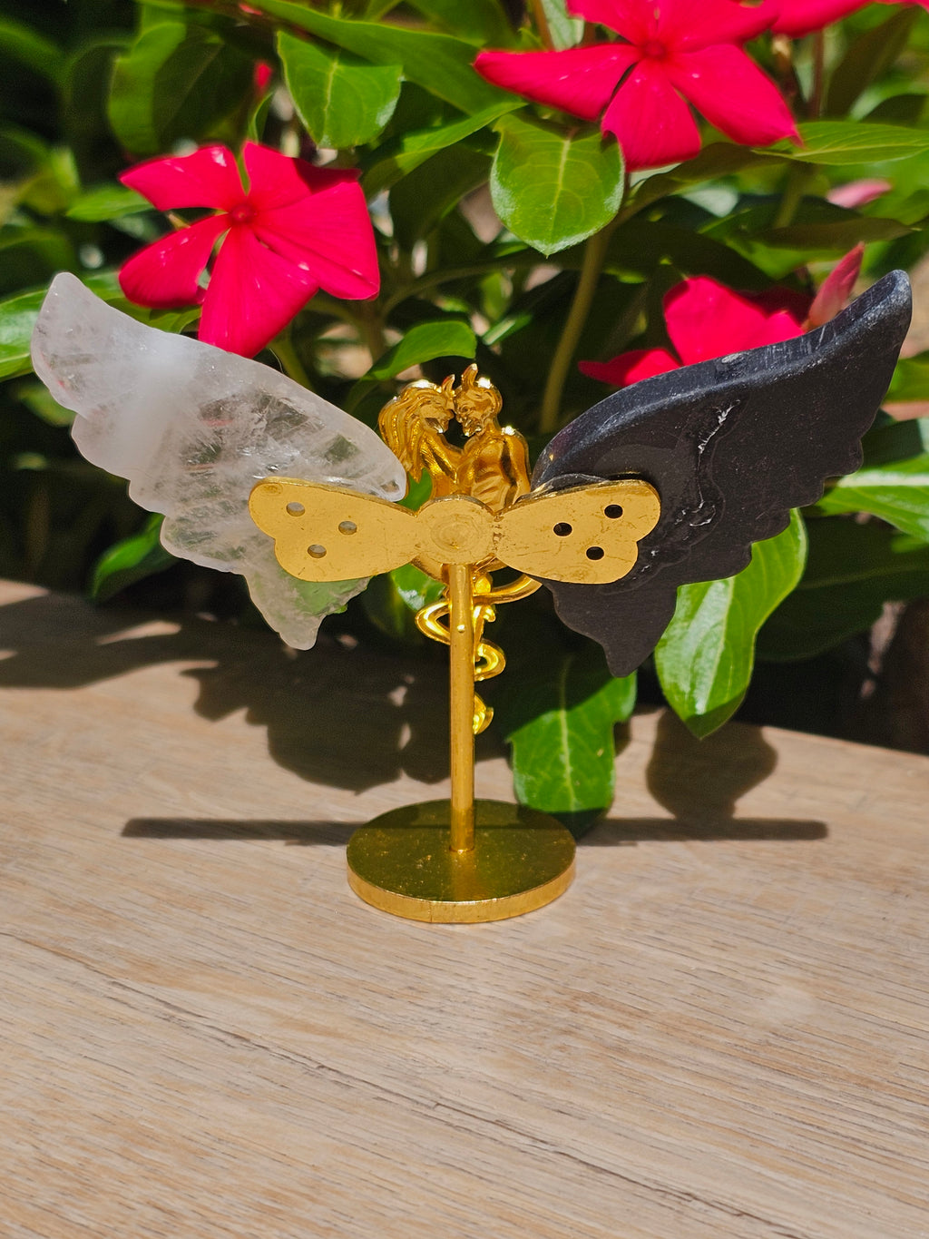 Lovers Devil & Angel Wings Crystal Statue — Black Obsidian & Clear Quartz