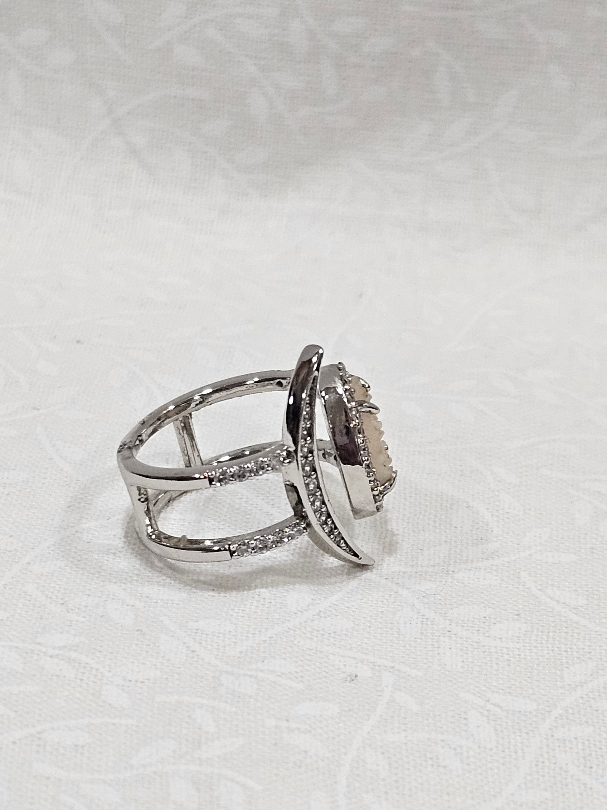 Sterling Silver Pink Quartz Druzy Moon Ring 5