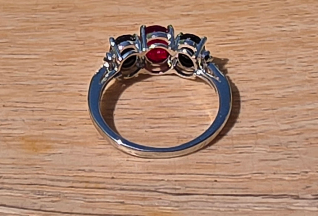 Sterling Silver Ruby & Black Onyx Three-Stone Ring — Size 8.5