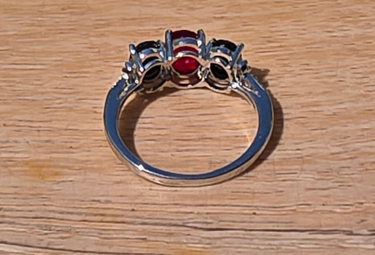 Sterling Silver Ruby & Black Onyx Three-Stone Ring — Size 8.5