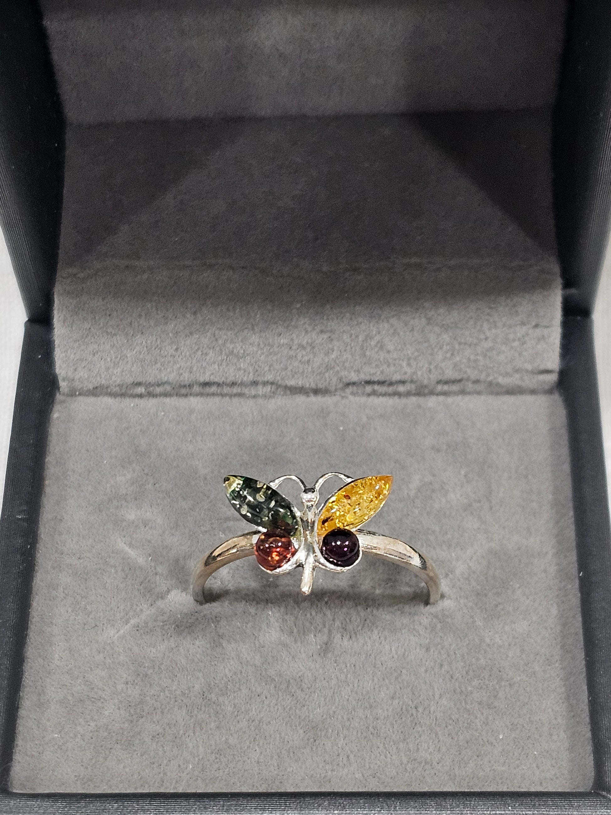 Sterling Silver Amber Citrine Gemstone Butterfly Ring - Size 9