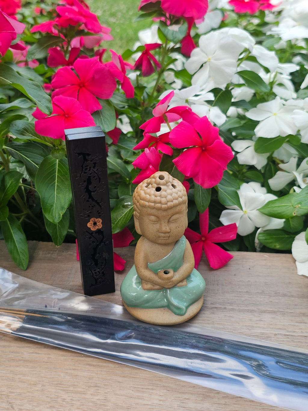 Buddha Backflow Incense Burner Gift Set with 12 Incense Cones
