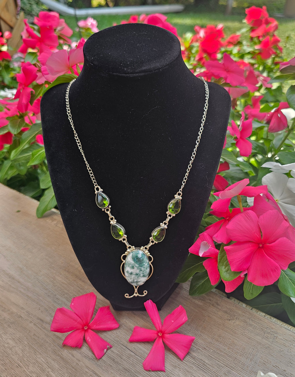 Moss Agate & Peridot Gemstone Necklace