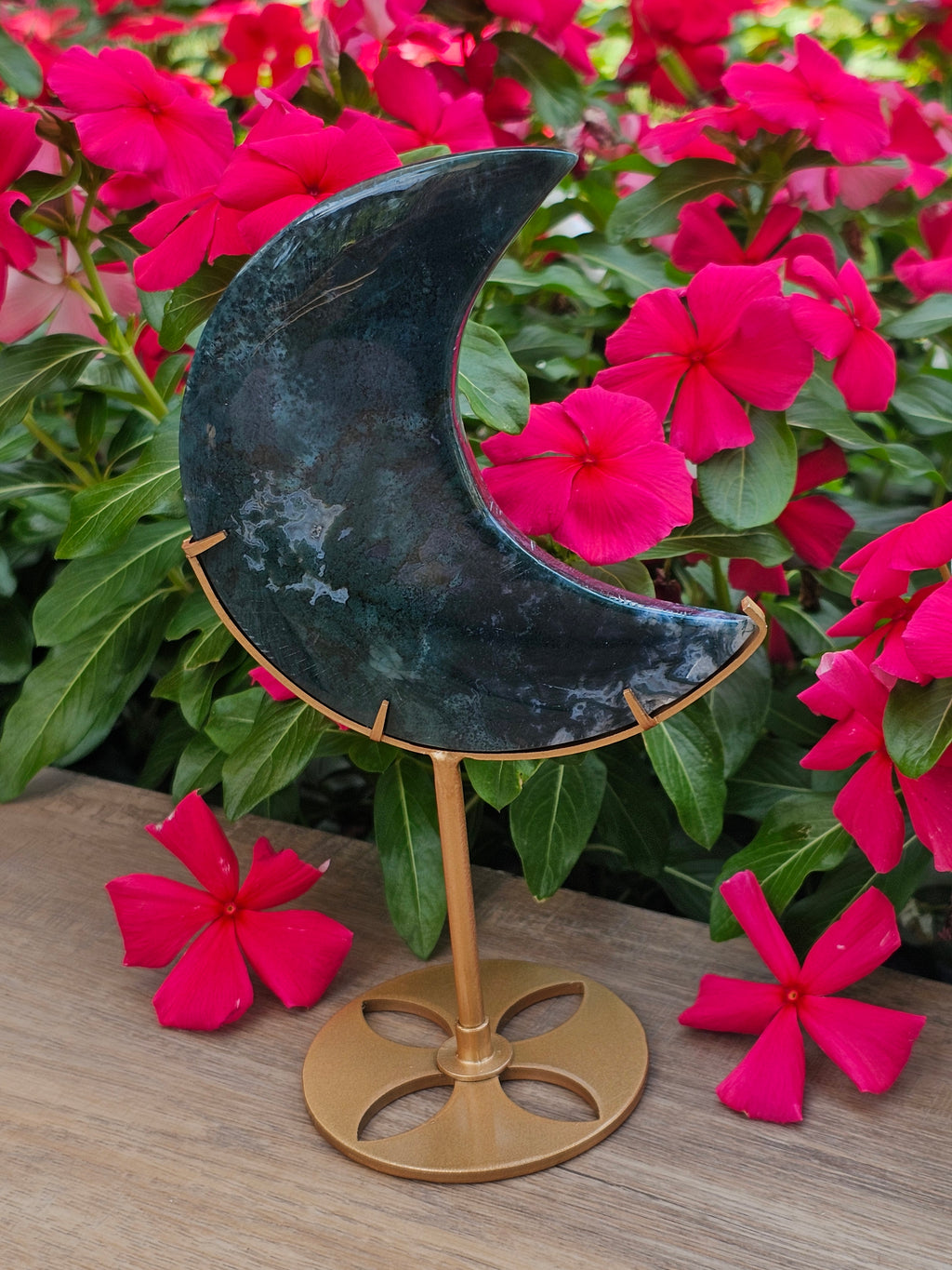 Moss Agate Crystal Crescent Moon On Stand