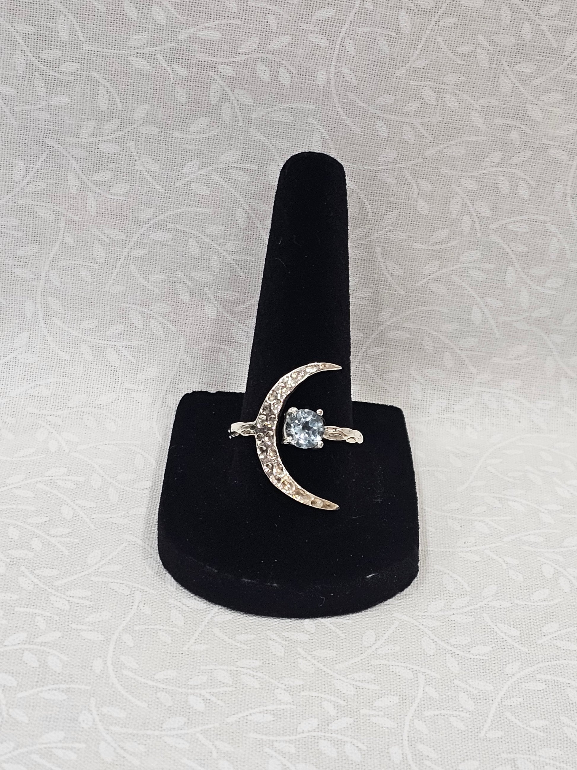 Sterling Silver Blue Topaz Moon Ring - Size 8.5