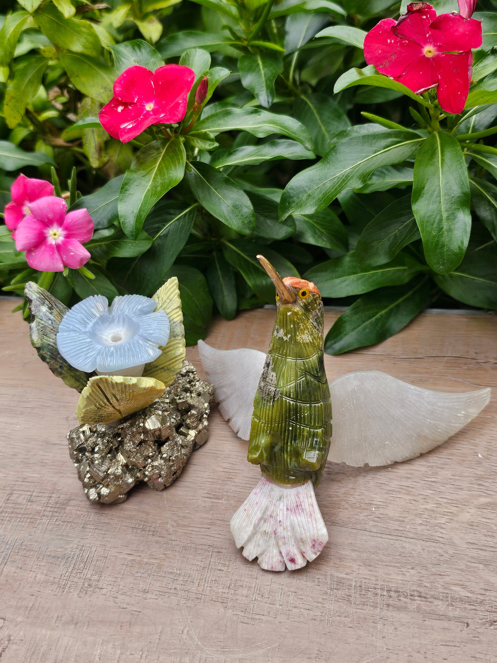 Pyrite Chalcedony Serpentine Hummingbird on Pyrite Flower - Hand Carved Crystal