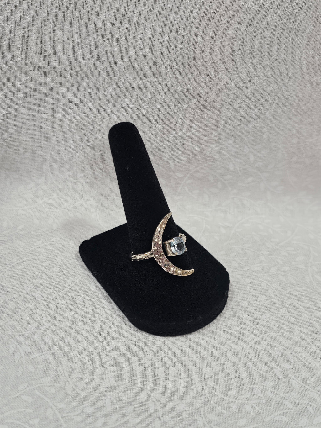 Sterling Silver Blue Topaz Moon Ring - Size 8.5
