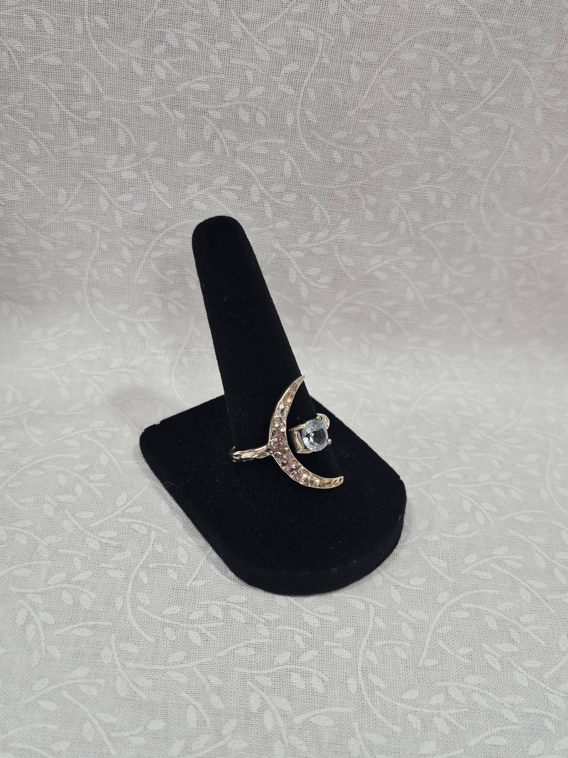 Sterling Silver Blue Topaz Moon Ring - Size 8.5