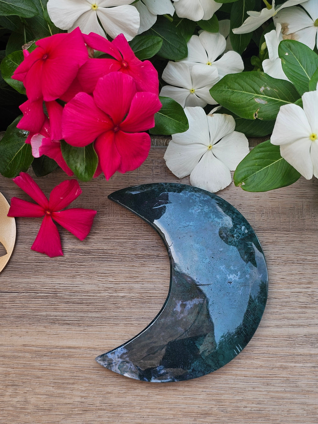 Moss Agate Crystal Crescent Moon On Stand