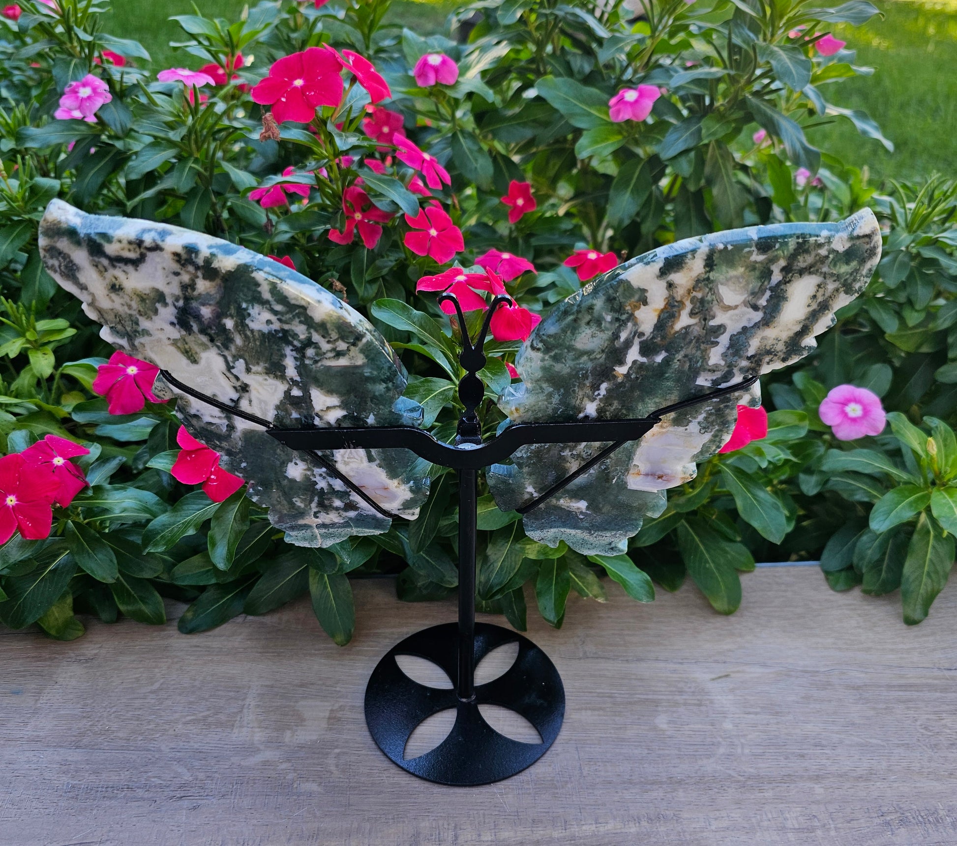 Moss Agate Crystal Butterfly Wings with Stand - 10.5" Display