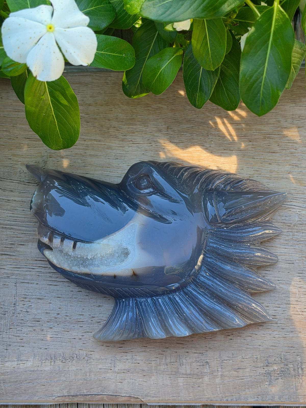 Druzy Agate Crystal Wolf Carving – 4.5" × 4"