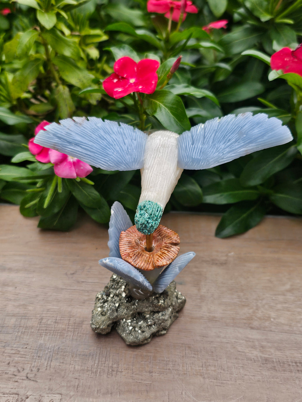 Stunning Pyrite Angelite Hummingbird on Natural Pyrite Flower