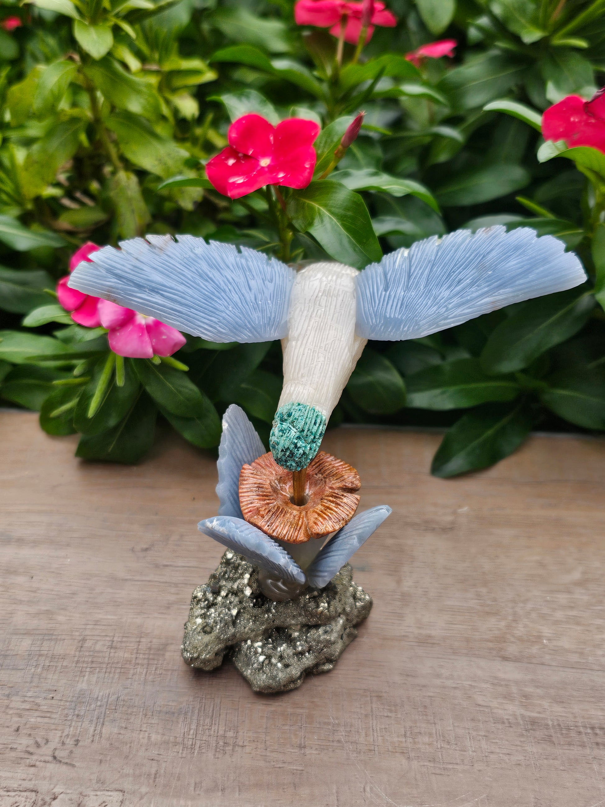 Stunning Pyrite Angelite Hummingbird on Natural Pyrite Flower