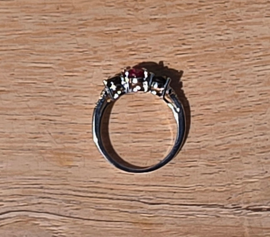 Sterling Silver Ruby & Black Onyx Three-Stone Ring — Size 8.5