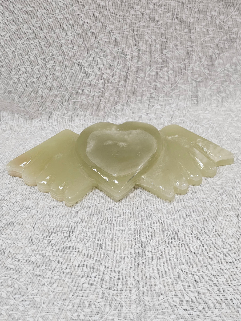 Green Onyx Crystal Heart with Angel Wings 6 Inch