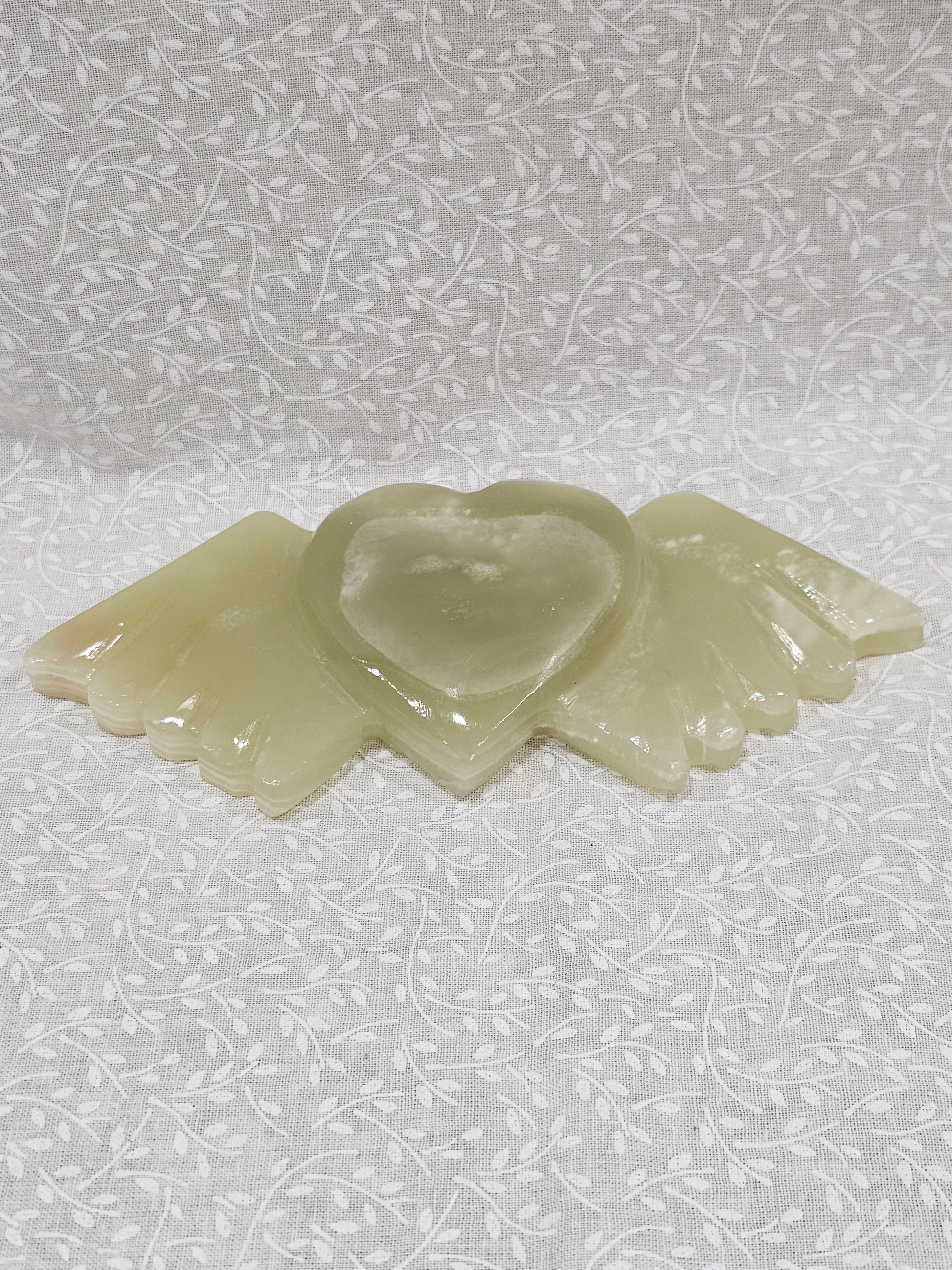 Green Onyx Crystal Heart with Angel Wings 6 Inch