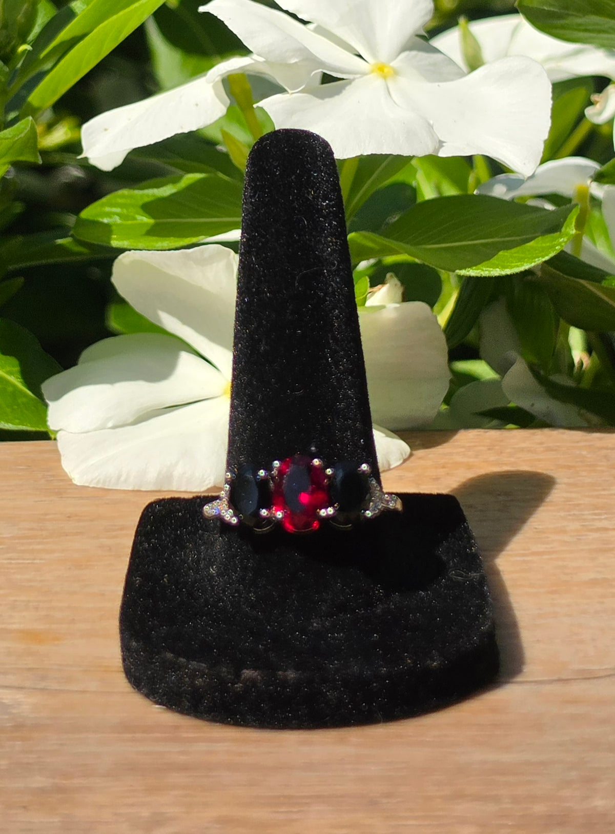 Sterling Silver Ruby & Black Onyx Three-Stone Ring — Size 8.5