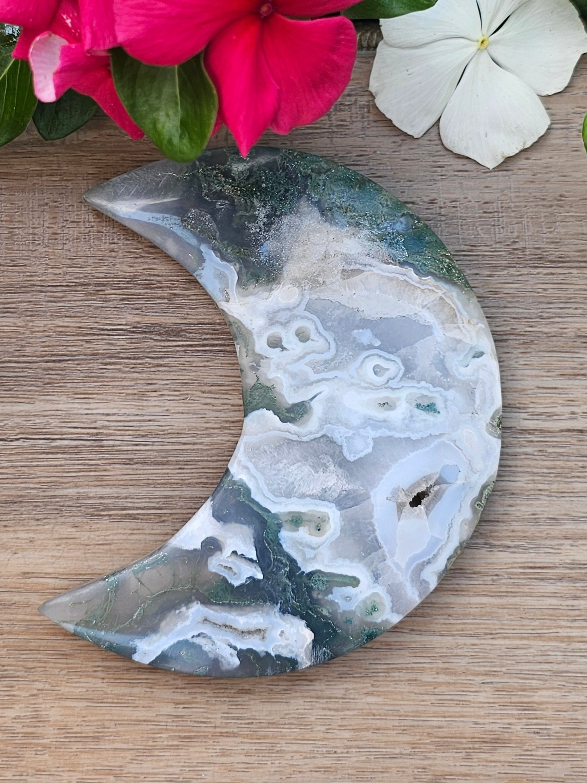 Green Moss Agate Crystal Crescent Moon On Stand