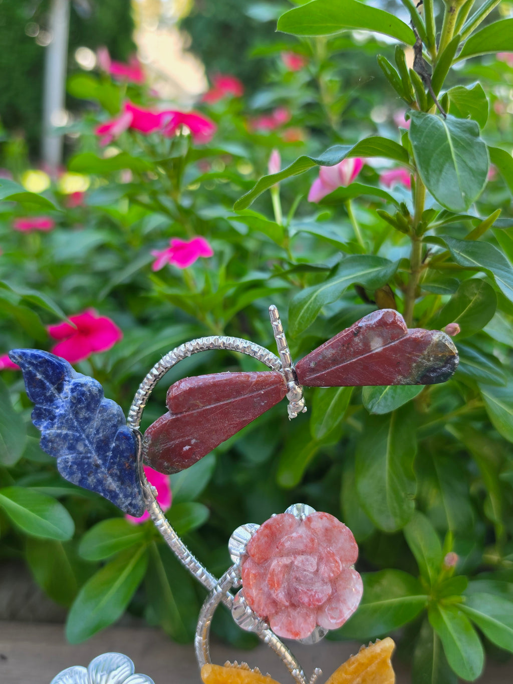 Crystal Sphere Holder Stand with Unakite Dragonfly,  Yellow Calcite Butterfly, Fire Quartz Rose & Flower Agate Leaf