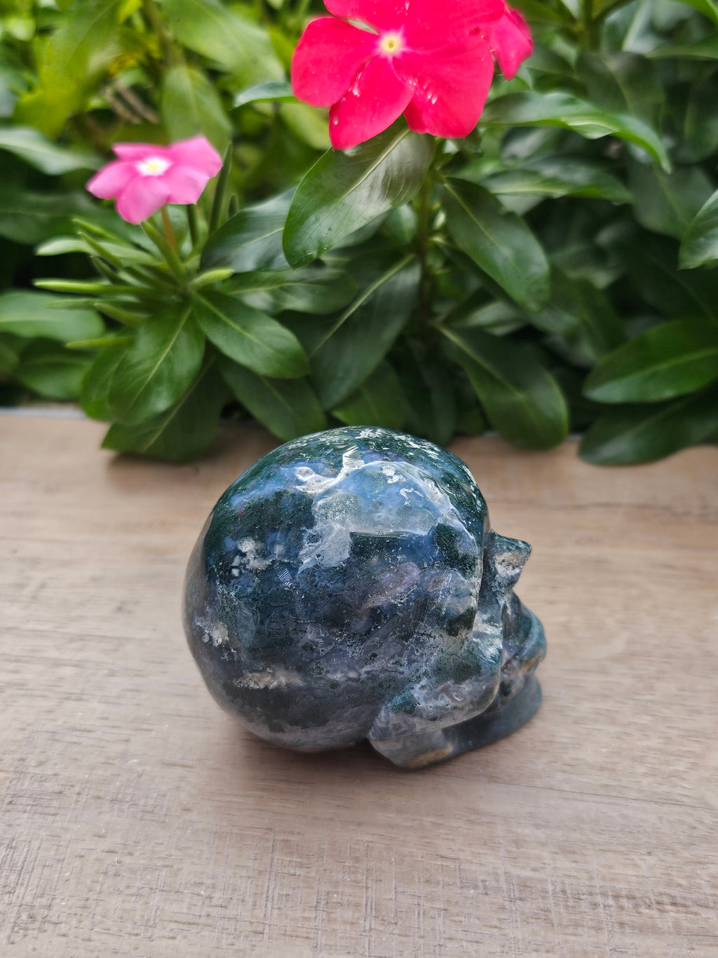 Moss Agate Skull Carving - 2.4" Hand-Carved Crystal Figurine