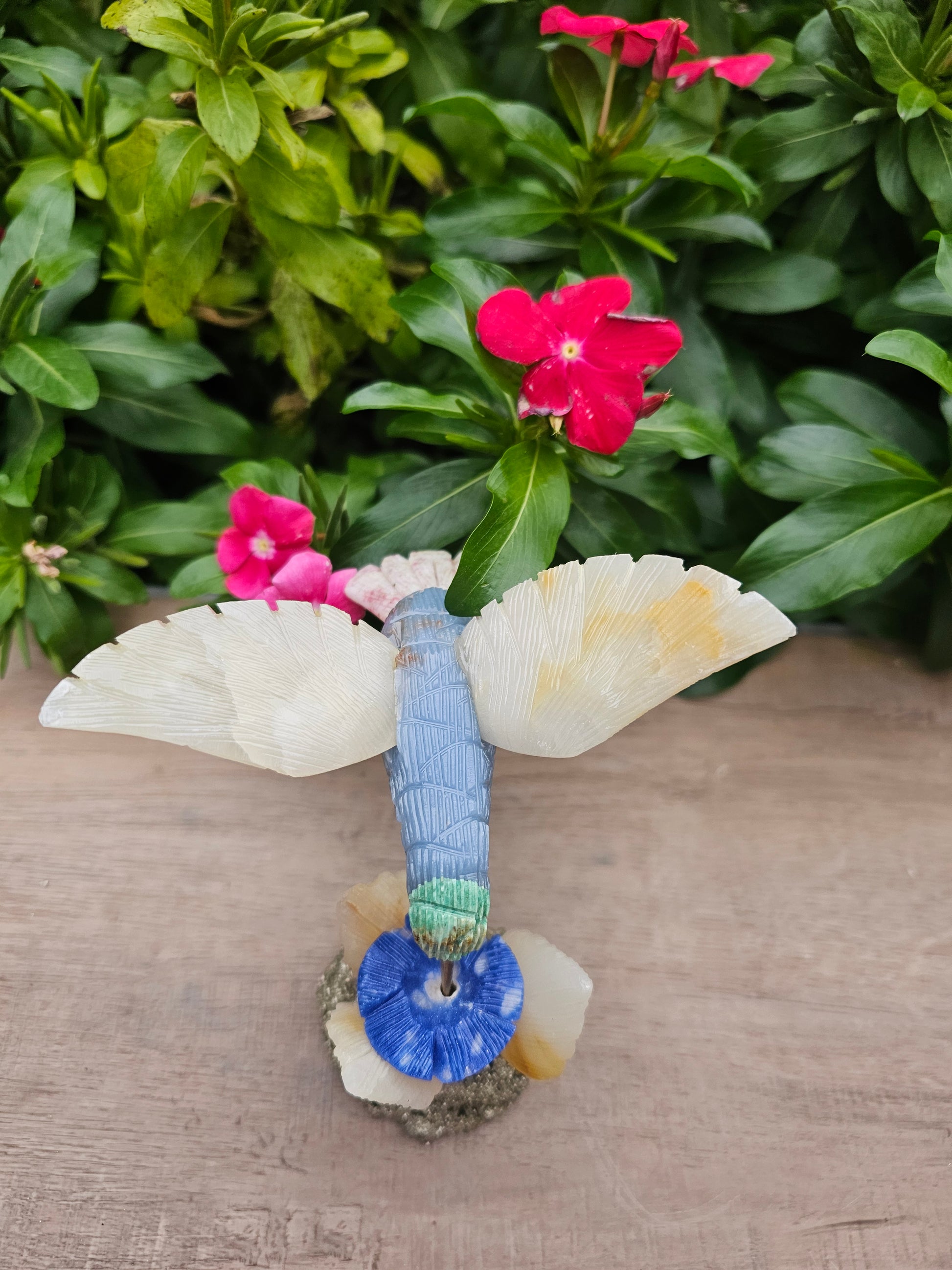 Stunning Pyrite Angelite Hummingbird on Natural Pyrite Flower