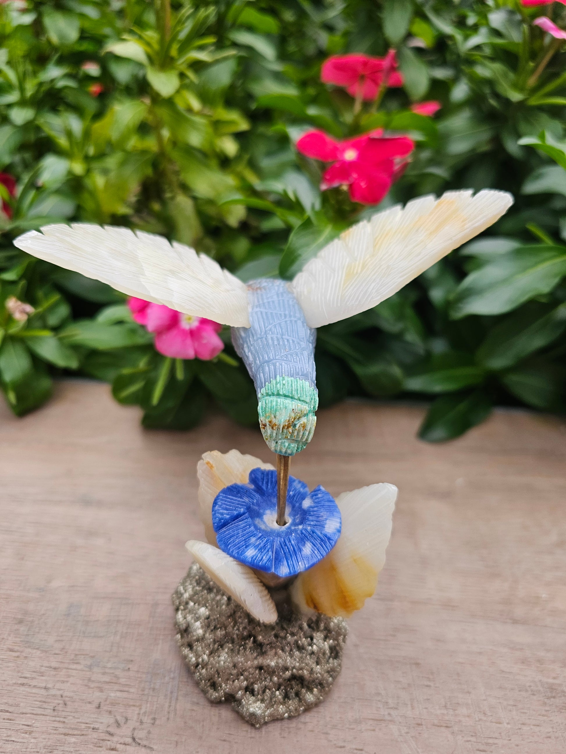 Stunning Pyrite Angelite Hummingbird on Natural Pyrite Flower