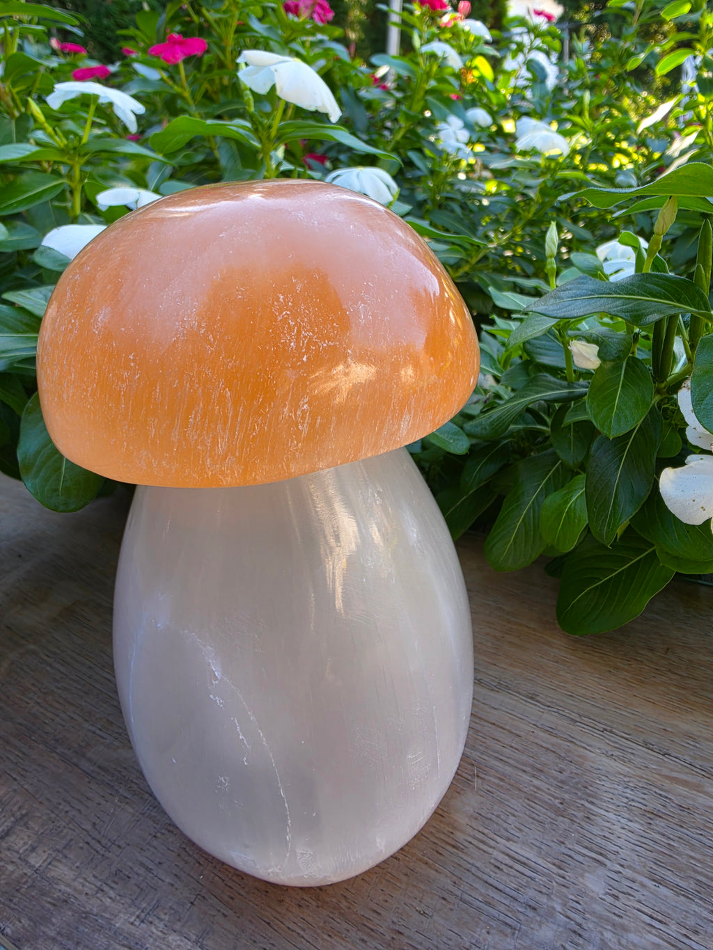 Orange & White Selenite Crystal Mushroom with Multicolor Light Stand