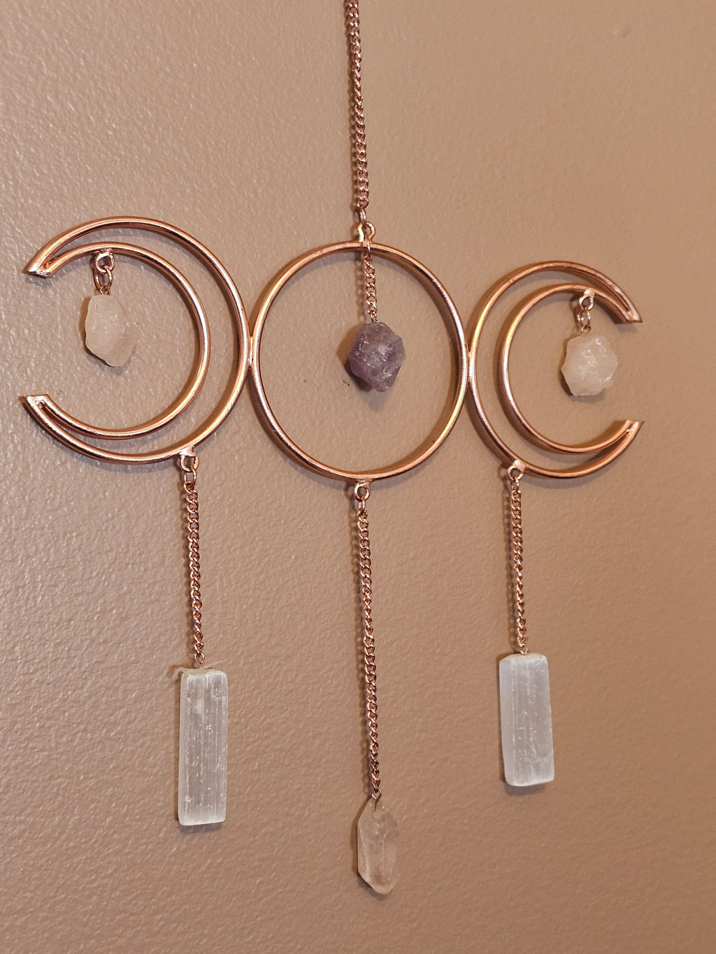 Crescent Moon Crystal Wall Display - Amethyst, Quartz & Selenite - 8.5" x 14.5"