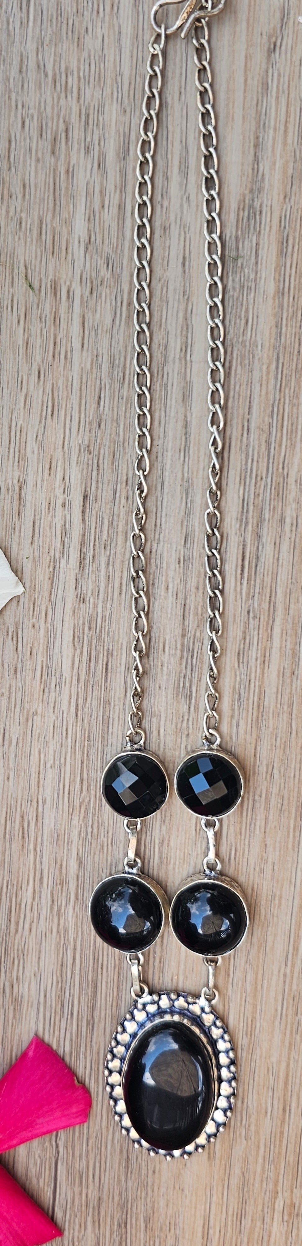 Black Onyx & Faceted Gemstone Sterling Silver Necklace 18"