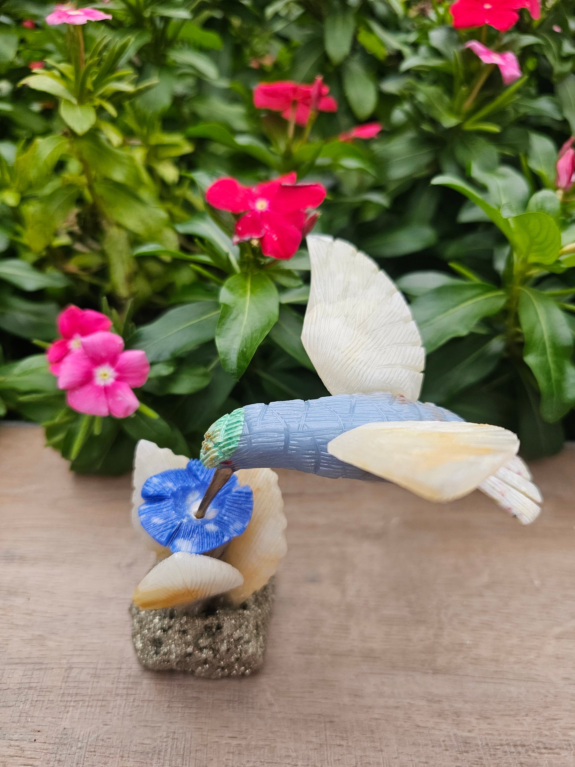 Stunning Pyrite Angelite Hummingbird on Natural Pyrite Flower