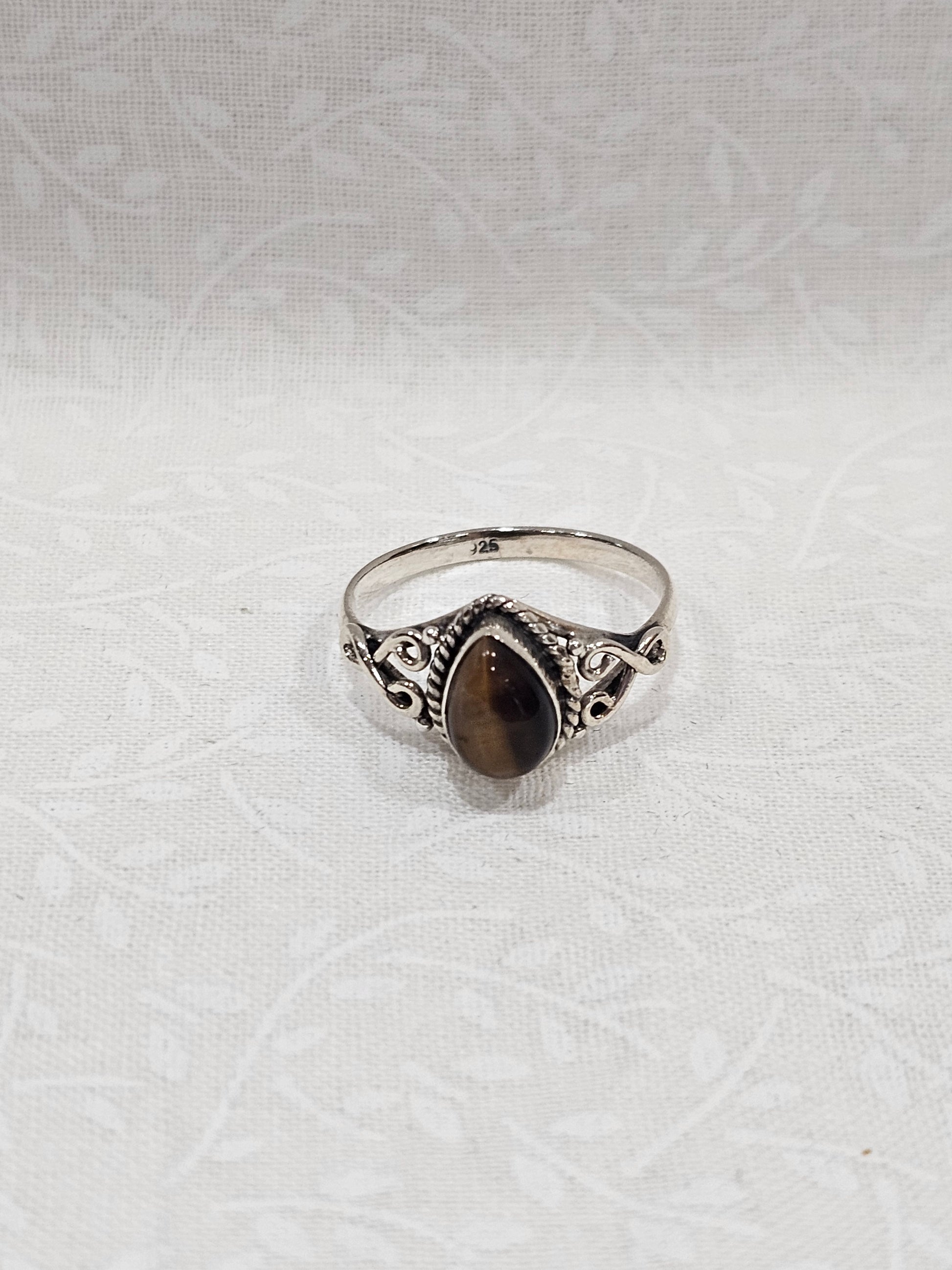 Sterling Silver Tiger Eye Crystal Gemstone Ring - Size 2