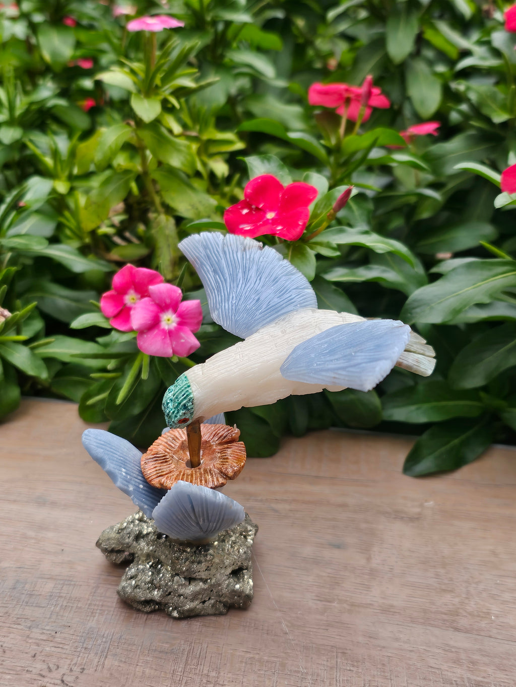 Stunning Pyrite Angelite Hummingbird on Natural Pyrite Flower