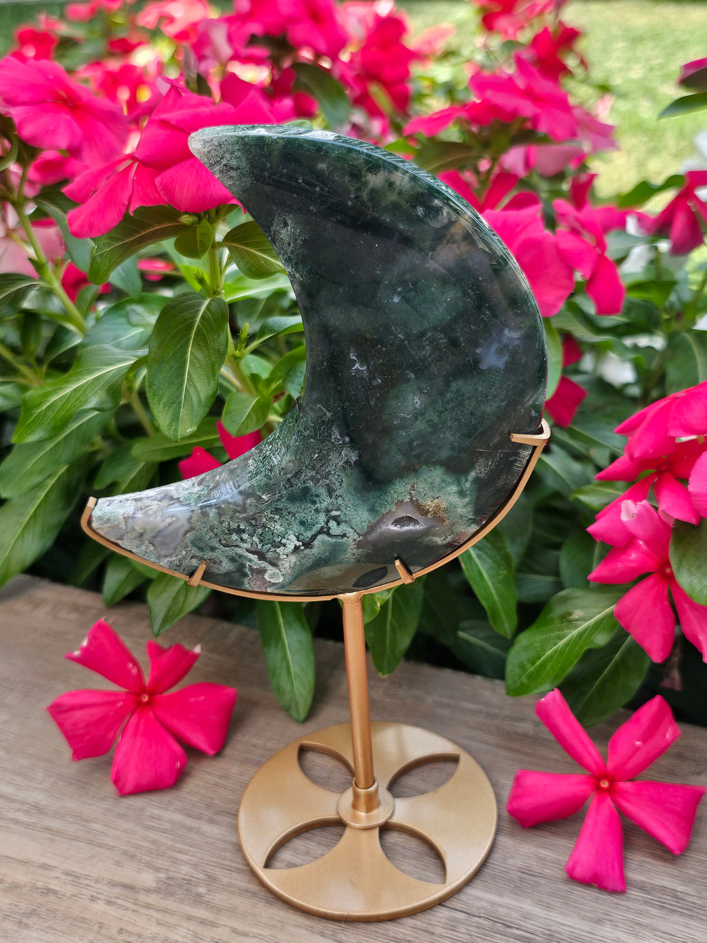 Moss Agate Crystal Crescent Moon With Stand