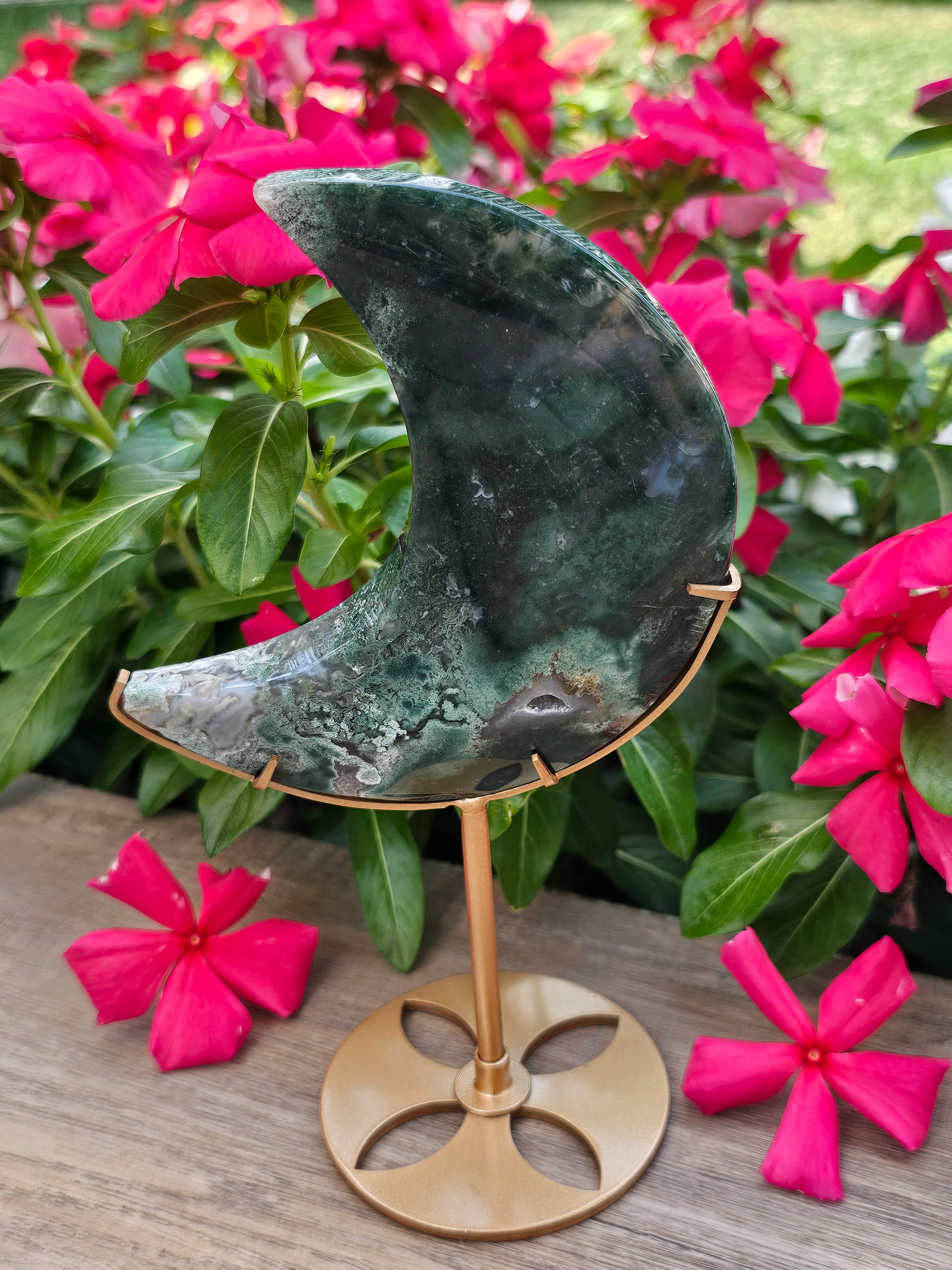 Moss Agate Crystal Crescent Moon With Stand