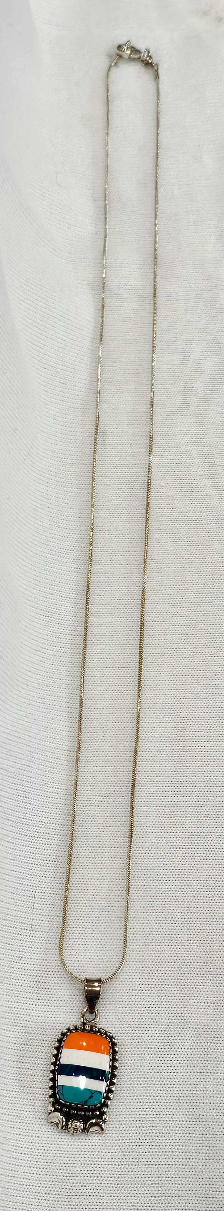 Zuni Turquoise Inlay Necklace - Sterling Silver with 24" Chain