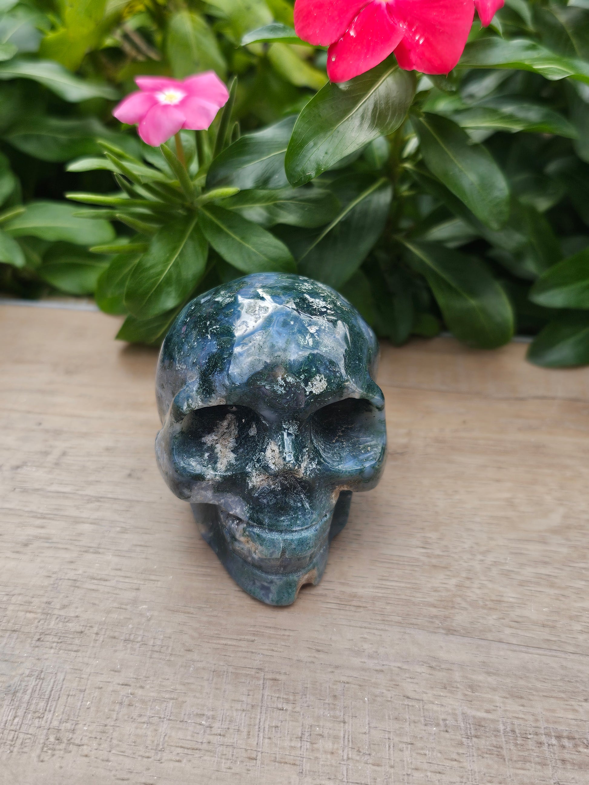 Moss Agate Skull Carving - 2.4" Hand-Carved Crystal Figurine