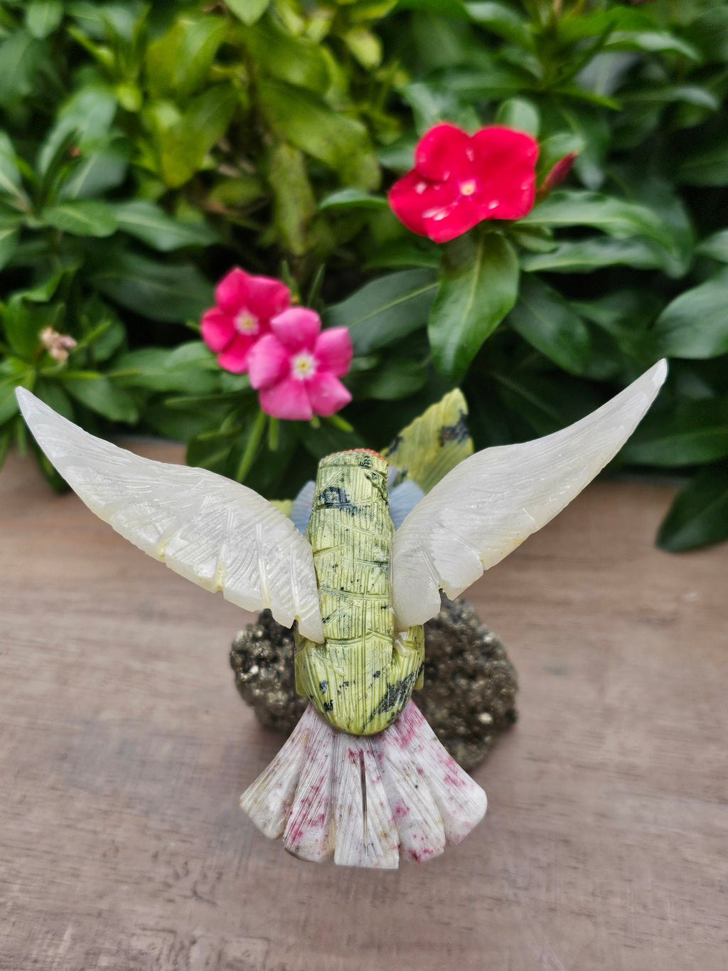 Serpentine Hummingbird on Pyrite Flower - Hand Carved Crystal Sculpture