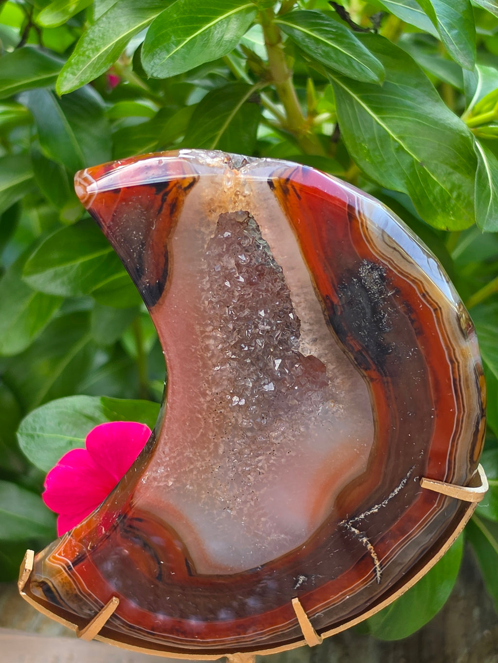 Sardonyx Crystal Crescent Moon on Stand with Druzy