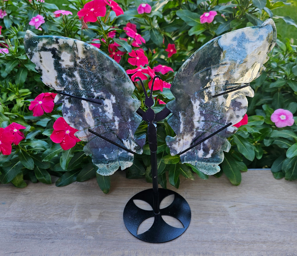 Moss Agate Crystal Butterfly Wings with Stand - 10.5" Display