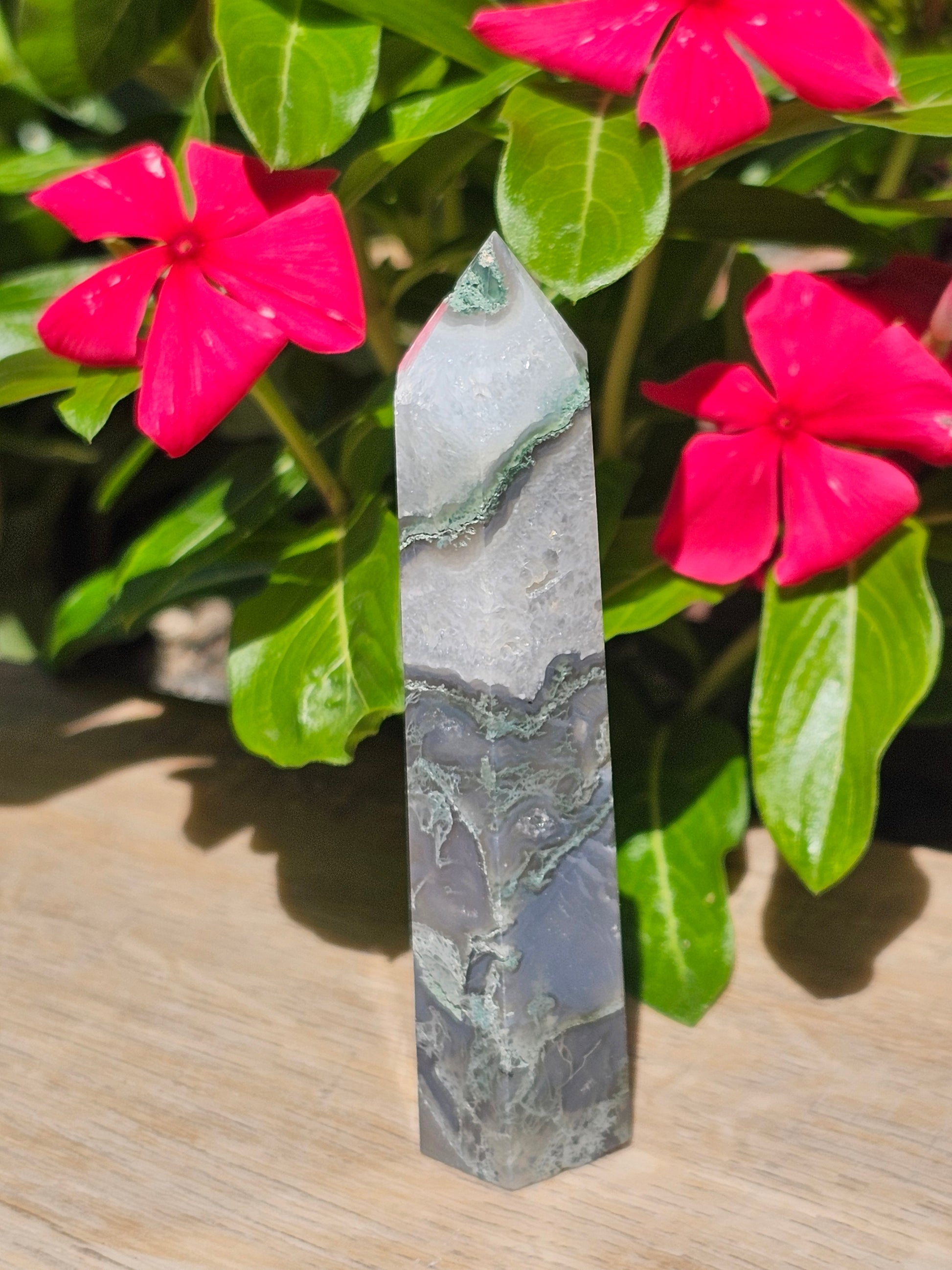 Green Moss Agate Crystal Tower