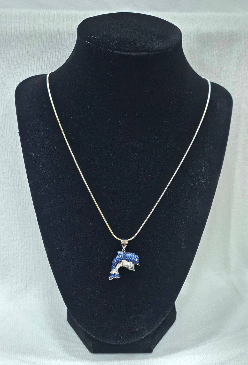 Sapphire Gemstone Momma & Baby Dolphin Pendant - Sterling Silver Necklace 24" Chain