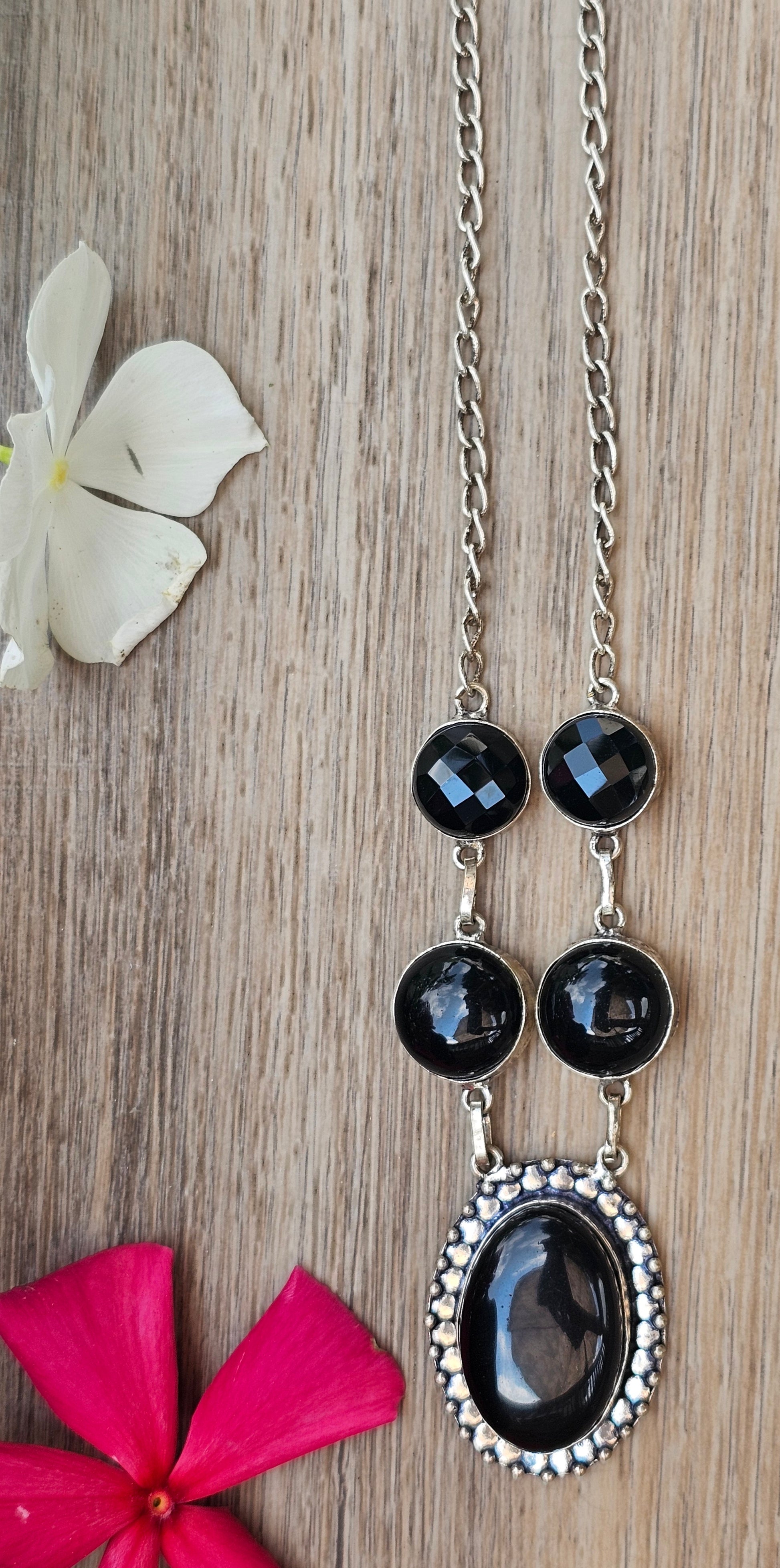 Black Onyx & Faceted Gemstone Sterling Silver Necklace 18"