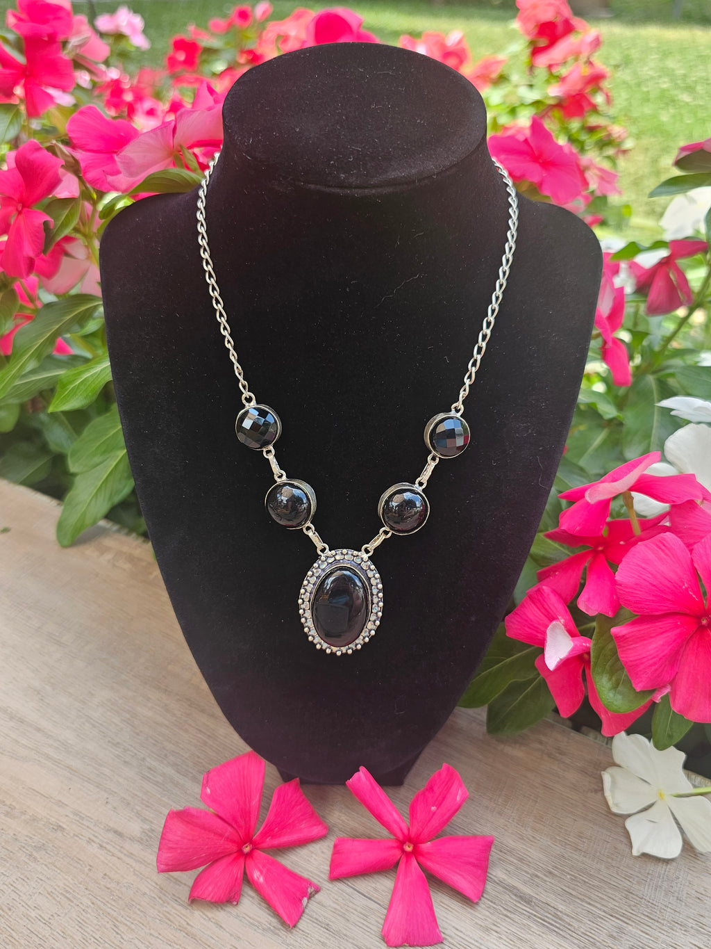 Black Onyx & Faceted Gemstone Sterling Silver Necklace 18"